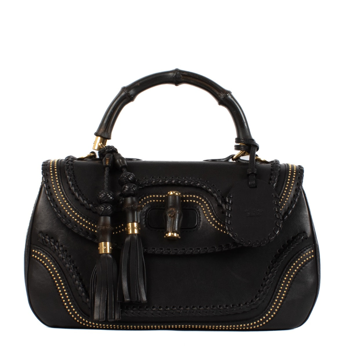 Shop 100% authentic Gucci Leather Black Large Bamboo Studded Top Handle at Labellov.com.