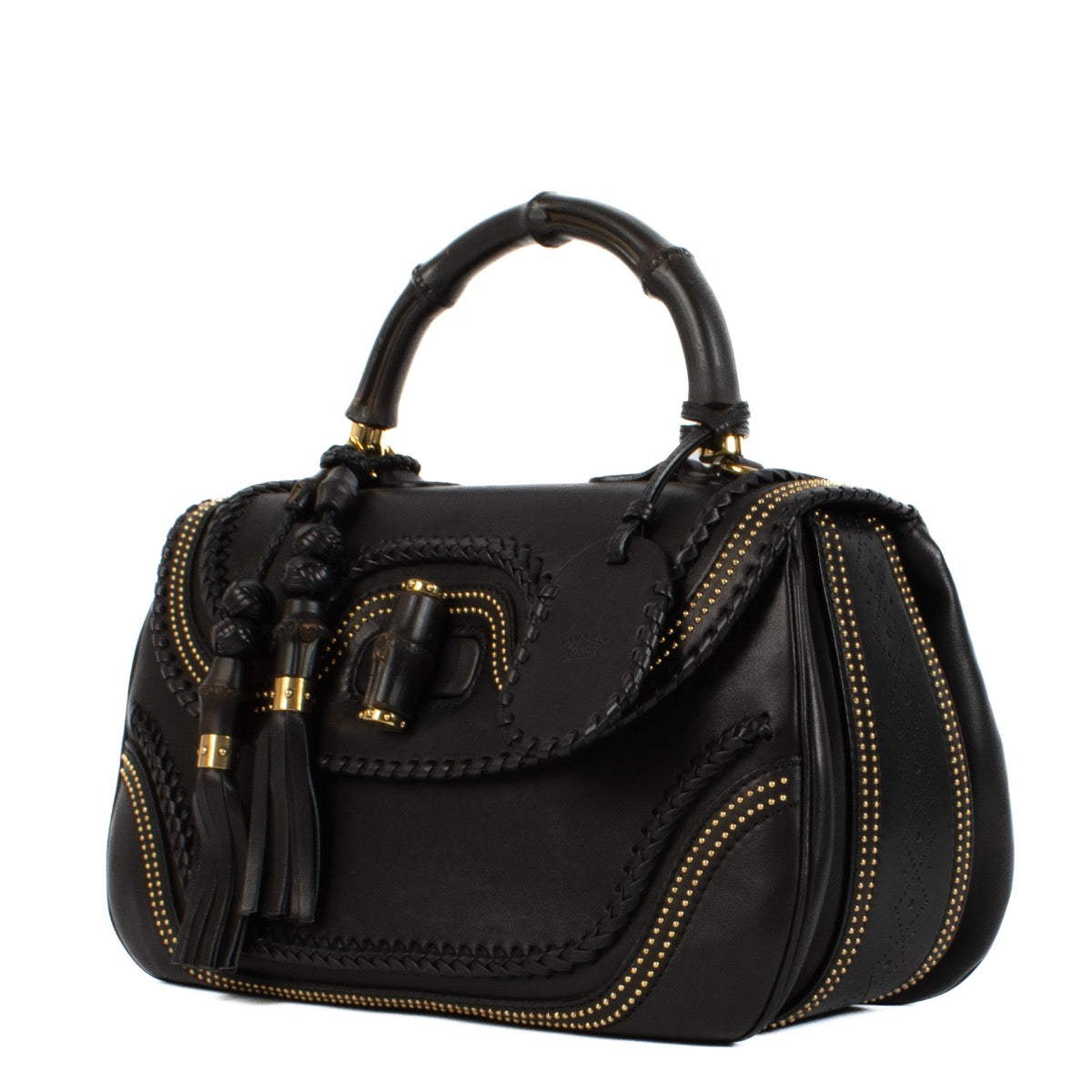 Shop 100% authentic Gucci Leather Black Large Bamboo Studded Top Handle at Labellov.com.