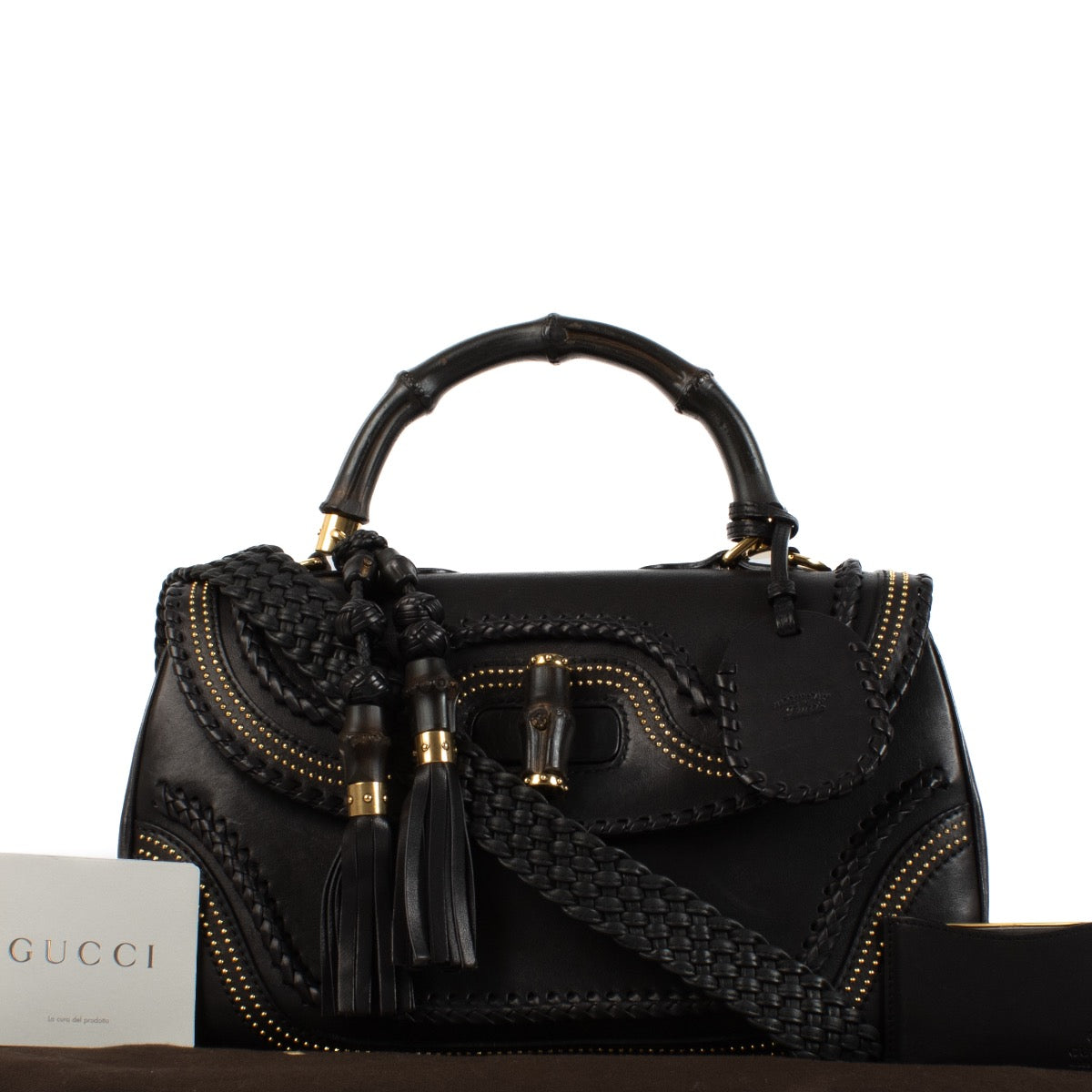Shop 100% authentic Gucci Leather Black Large Bamboo Studded Top Handle at Labellov.com.
