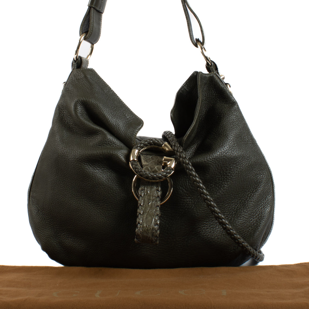 Gucci Olive Green Alligator Trimmed Hobo Bag