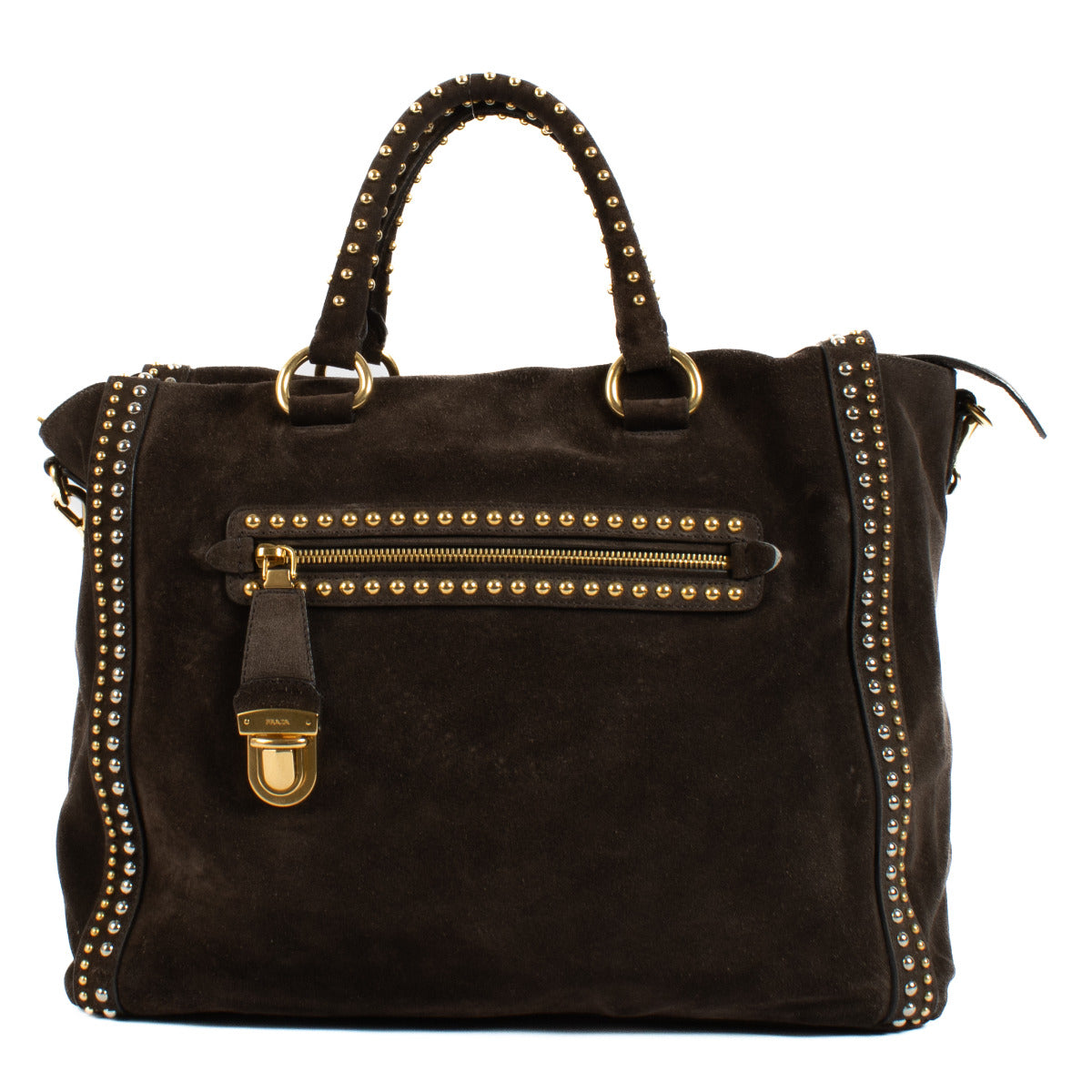 Prada Brown Suede Studded Tote Bag for the best price at Labellov secondhand luxury.