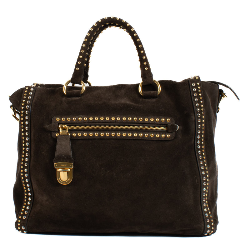 Prada Brown Suede Studded Tote Bag for the best price at Labellov secondhand luxury.