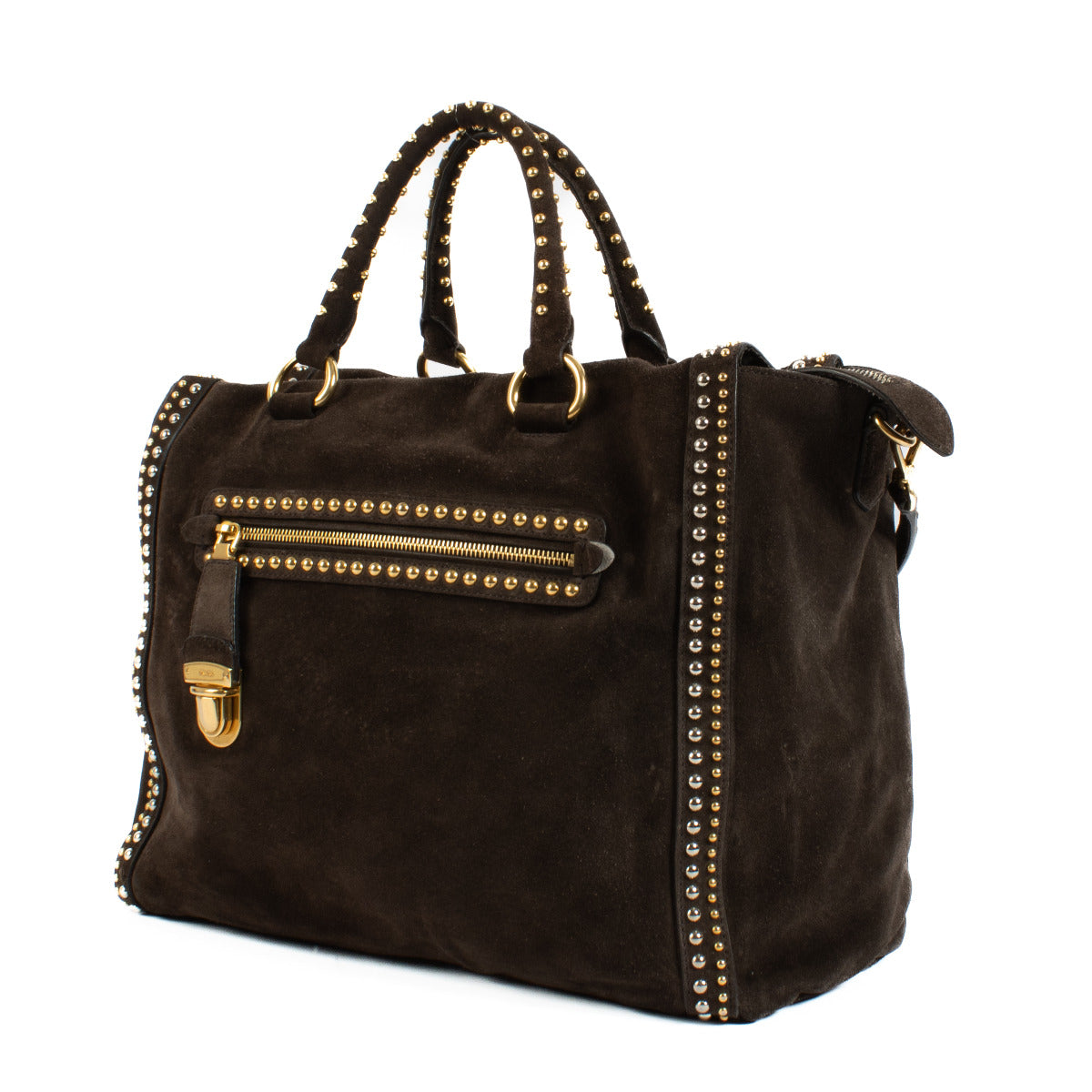 Prada Bruine Suède Tote Bag met Studs
