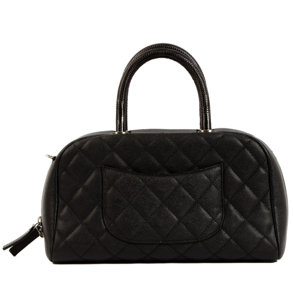 Chanel Bowlingtas van zwart hagedissenleer met handvat