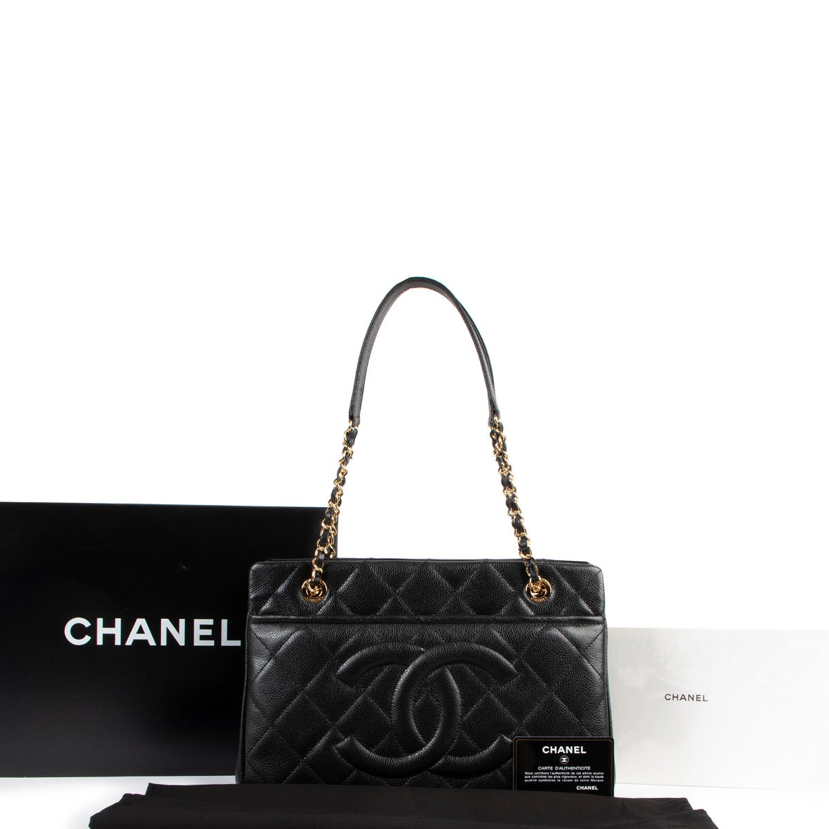 CHANEL BLACK QUILTED CAVIAR LEATHER PETITE SHOPPING TOTE PST