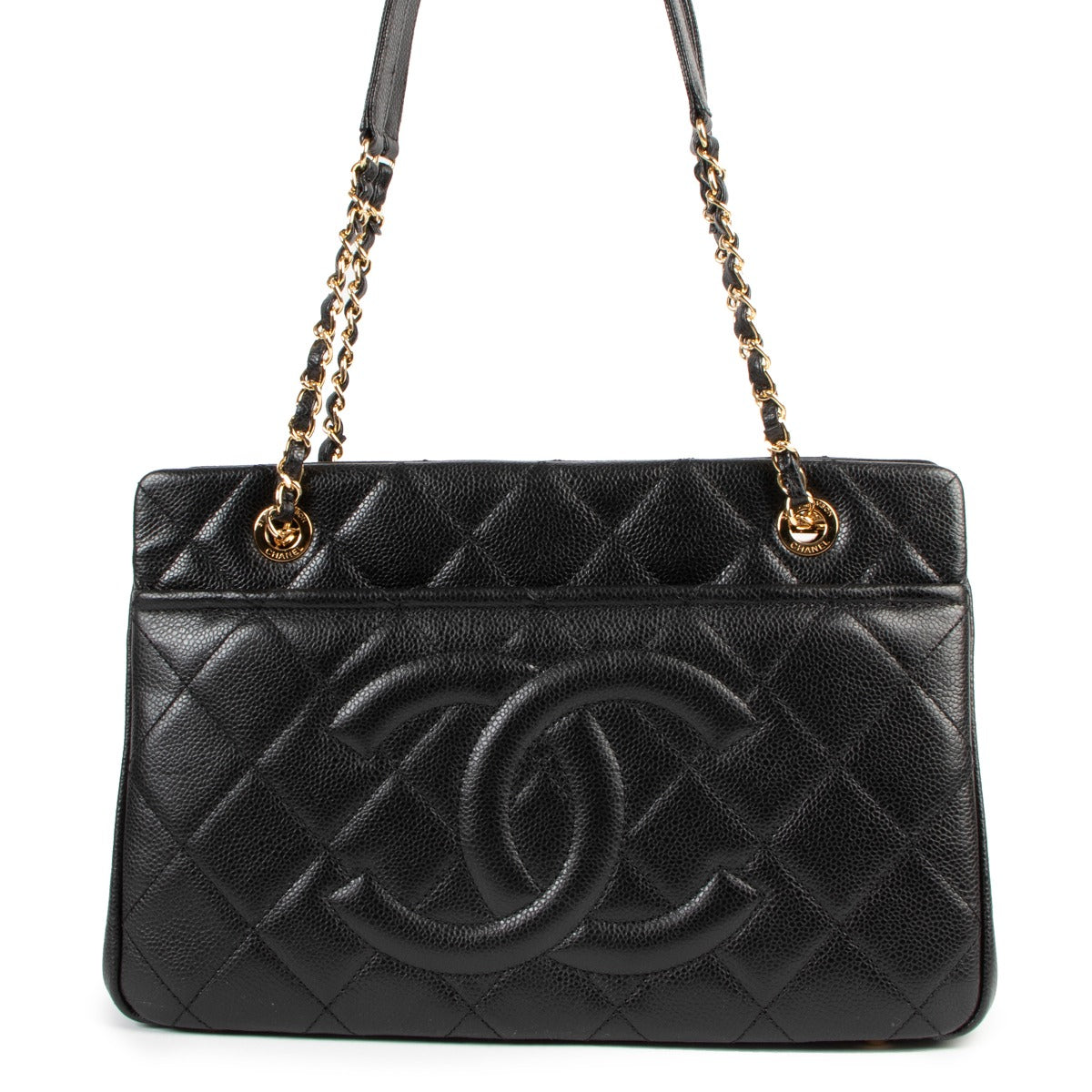 second hand authentic Chanel Black Quilted Caviar Medium Shopping Tote Bag at labellov