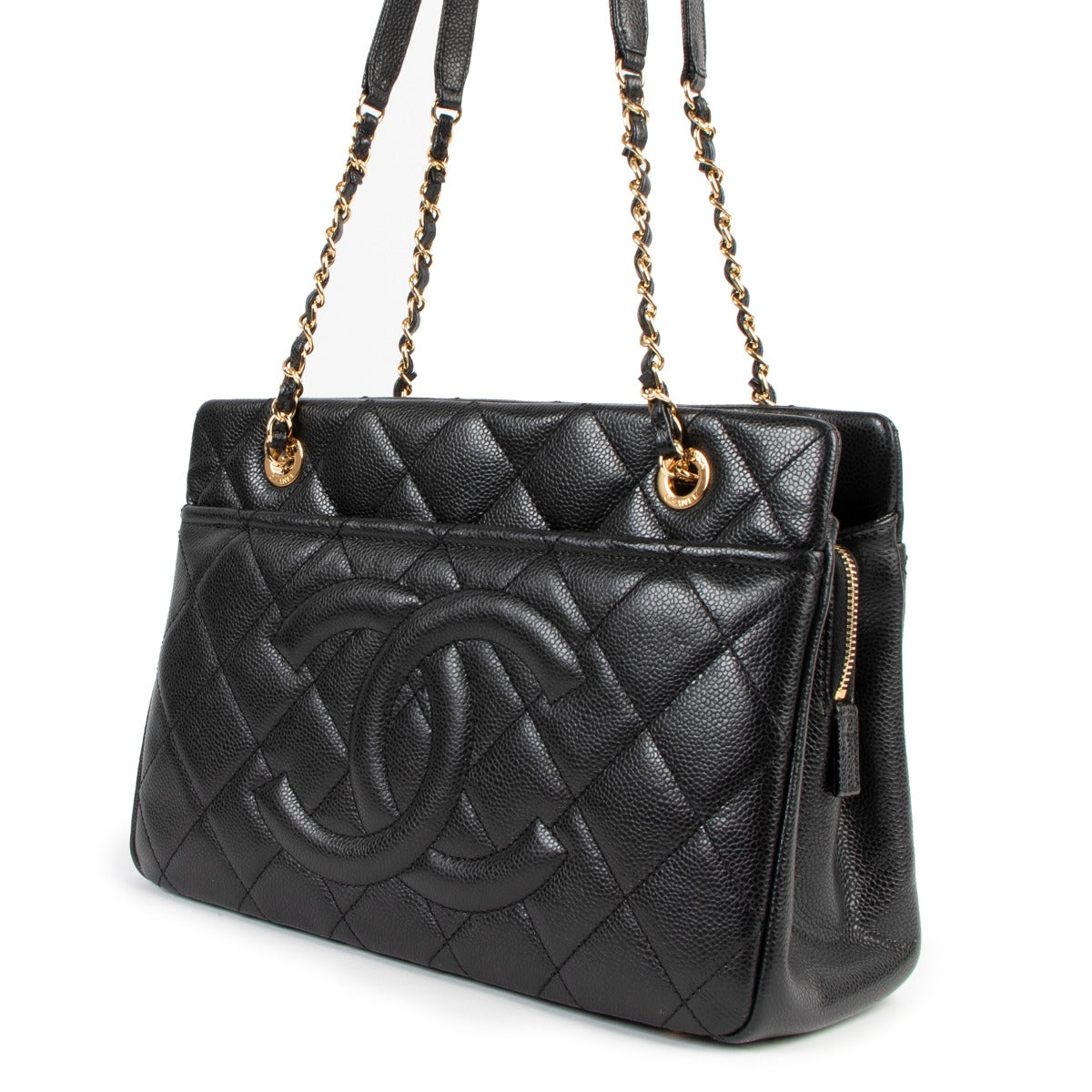 second hand authentic Chanel Black Quilted Caviar Medium Shopping Tote Bag at labellov