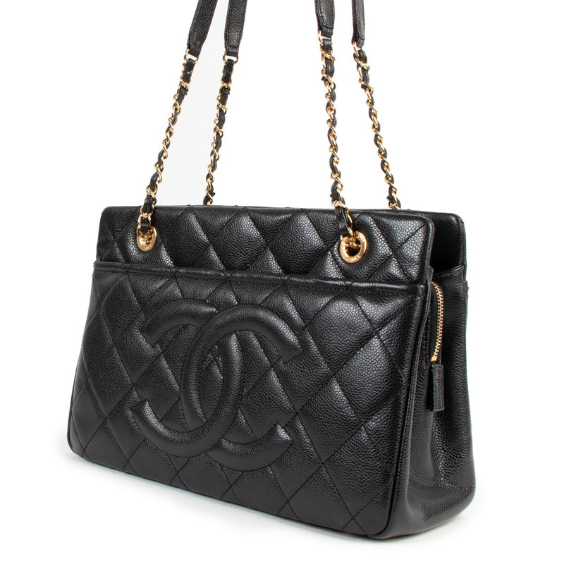 second hand authentic Chanel Black Quilted Caviar Medium Shopping Tote Bag at labellov
