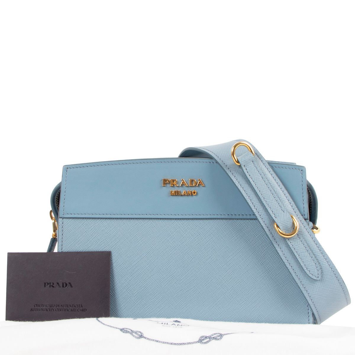 Prada Baby Blue Saffiano Esplanade City Crossbody Bag for the best price at Labellov secondhand luxury in Antwerp