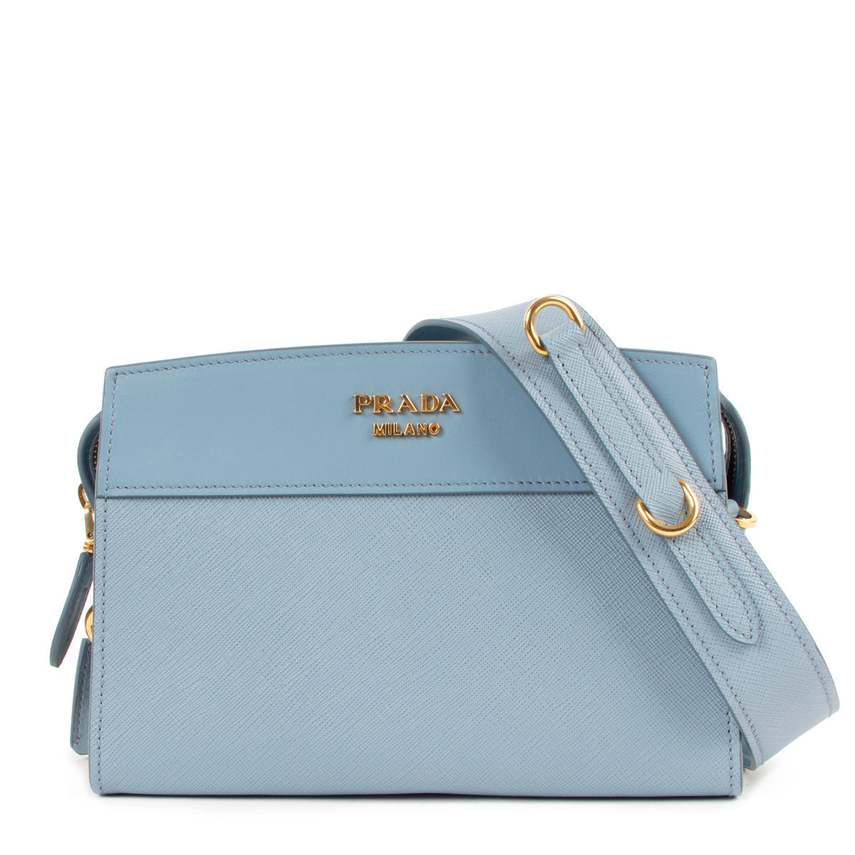 Buy an authentic second hand Prada Baby Blue Saffiano Esplanade City Crossbody Bag in very good condition at Labellov