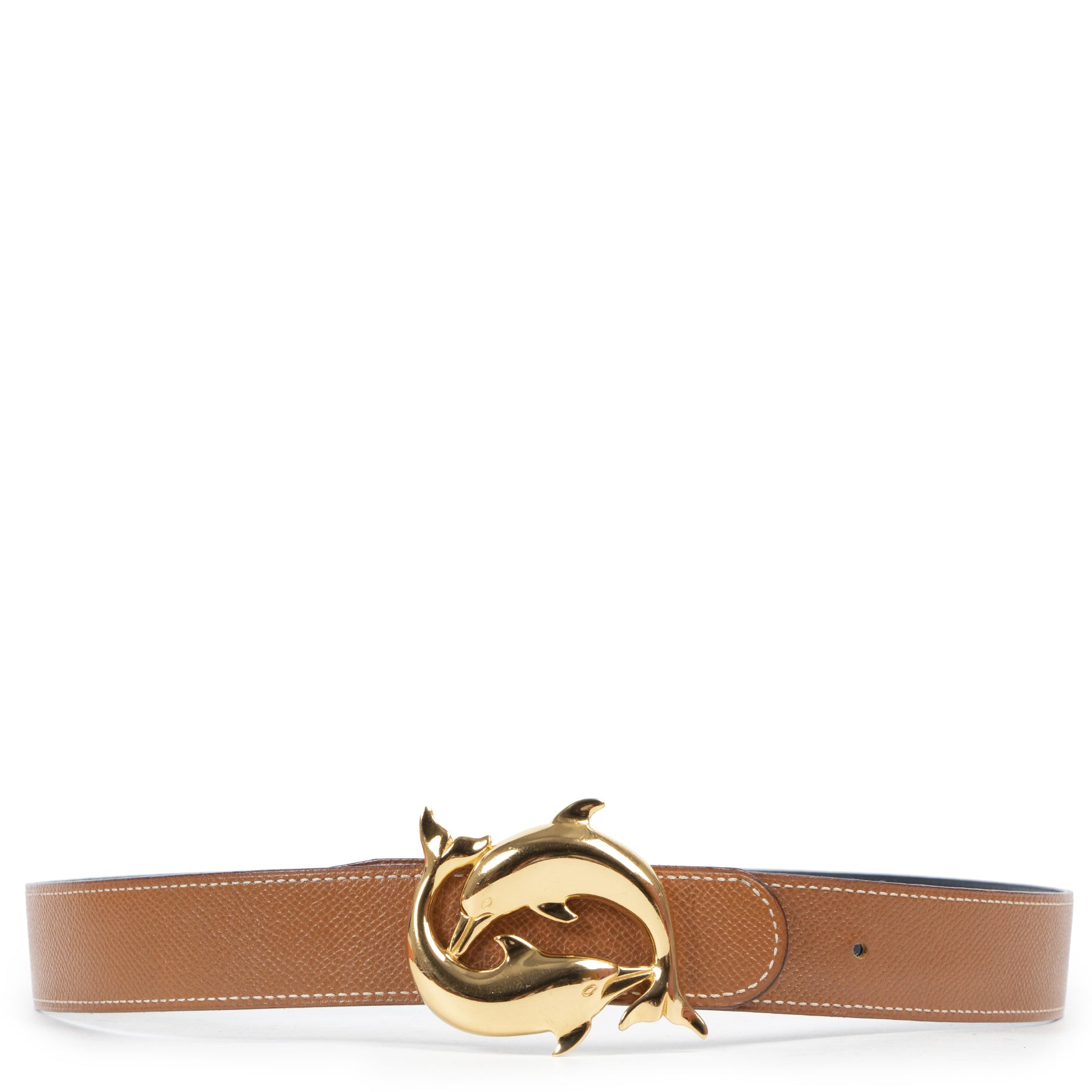 shop safe online Hermes Gold / Blue Nuit Gold Plated Dolphin Belt - Size 80