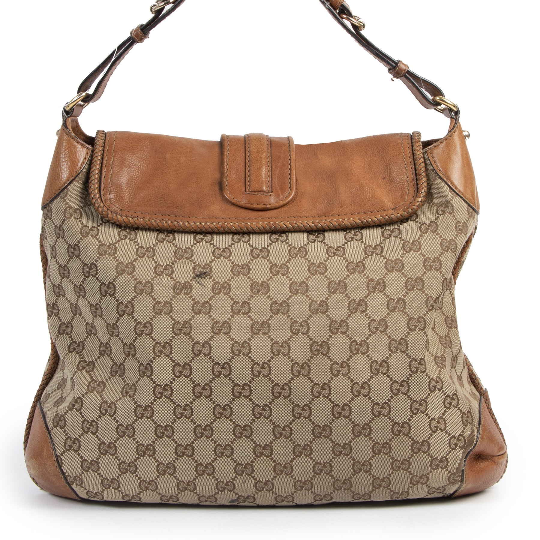 Authentieke Tweedehands Gucci Monogram Canvas Marrakech Bag juiste prijs veilig online shoppen luxe merken webshop winkelen Antwerpen België mode fashion