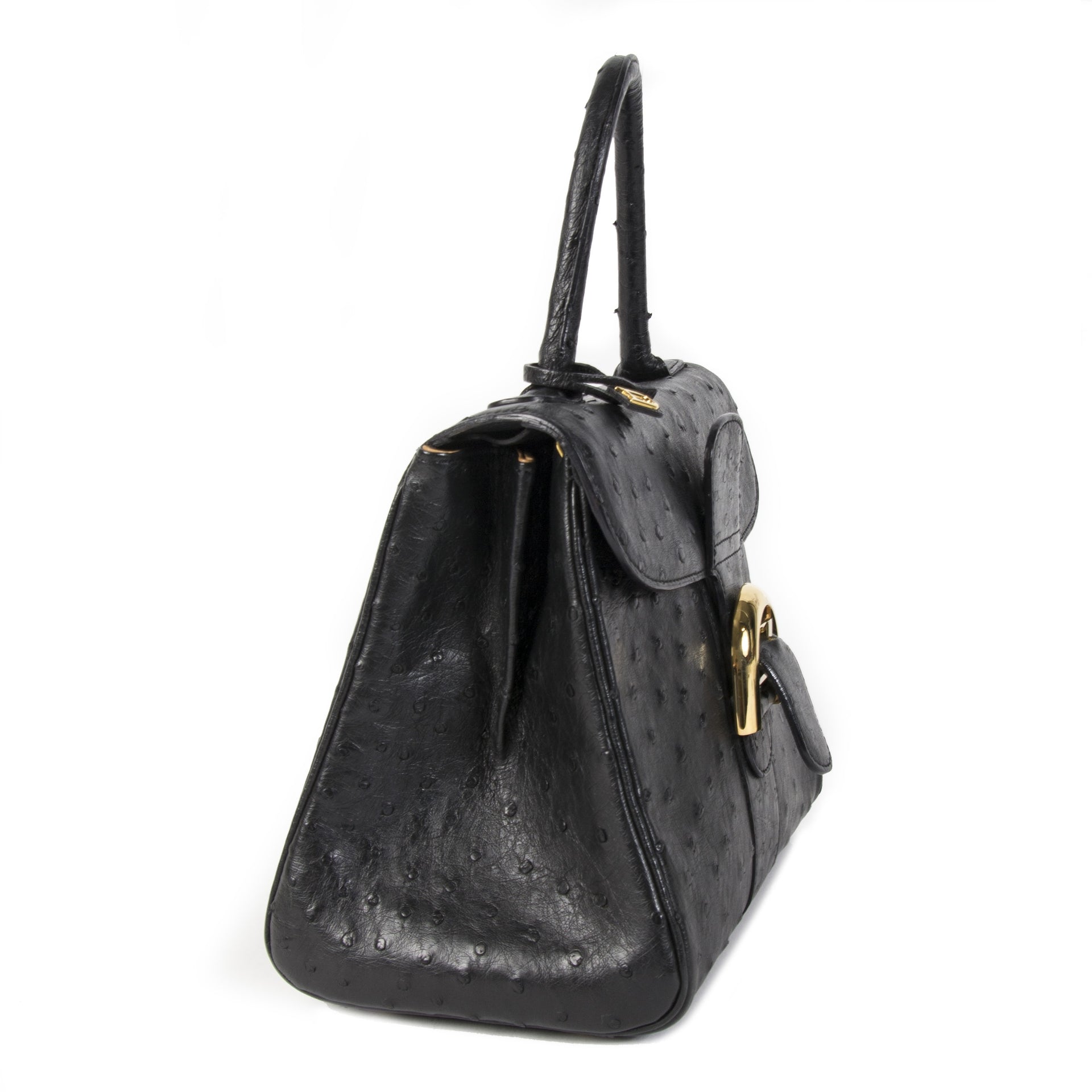 Authentieke tweedehands vintage Delvaux Blue Brillant Ostrich PM Bag koop online webshop LabelLOV