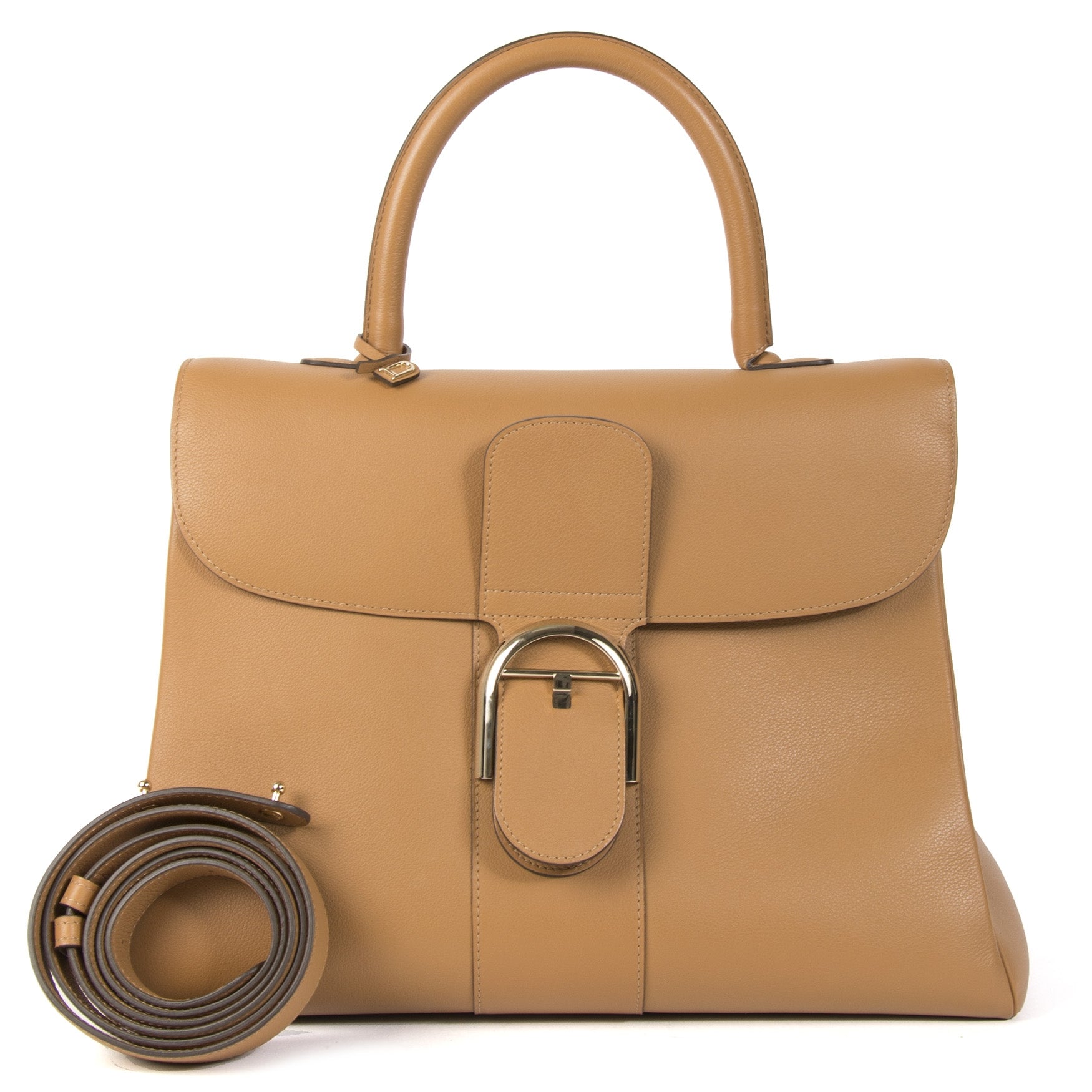 Authentique seconde main vintage Delvaux Brillant Camel GM + Strap achète en ligne webshop LabelLOV