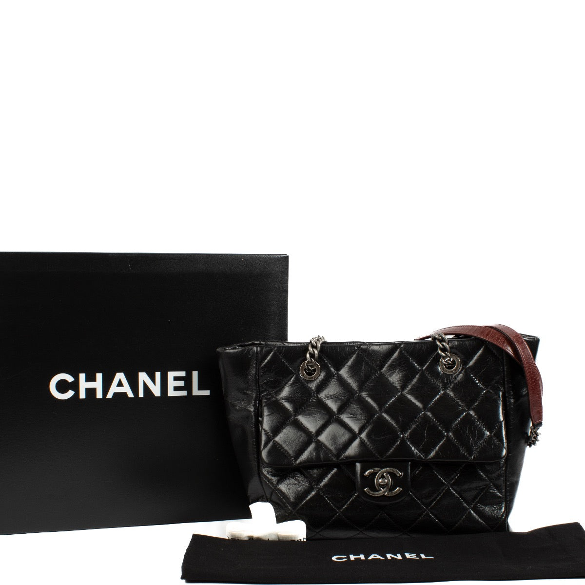 Authentic second hand Chanel Black Glazed Calfskin Duo Color Small Tote Bag on Labellov.com