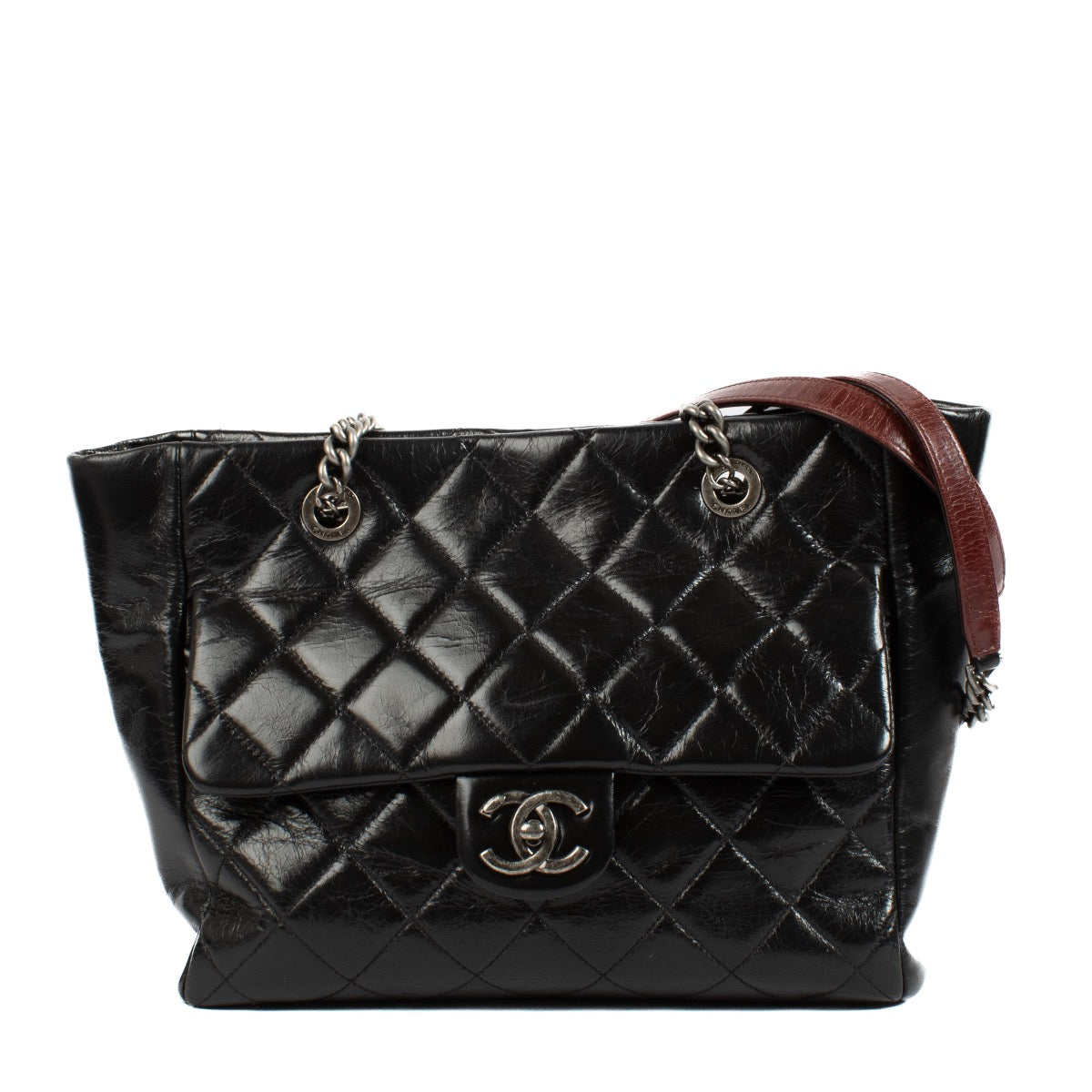 Authentic second hand Chanel Black Glazed Calfskin Duo Color Small Tote Bag on Labellov.com