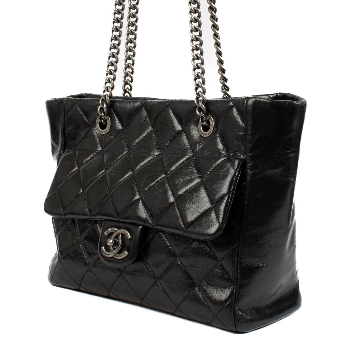 Authentic second hand Chanel Black Glazed Calfskin Duo Color Small Tote Bag on Labellov.com