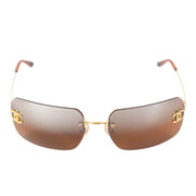 Authentieke Tweedehands Chanel Gold Brown Rimless Crystal CC Logo Sunglasses juiste prijs veilig online shoppen luxe merken webshop winkelen Antwerpen België mode fashion