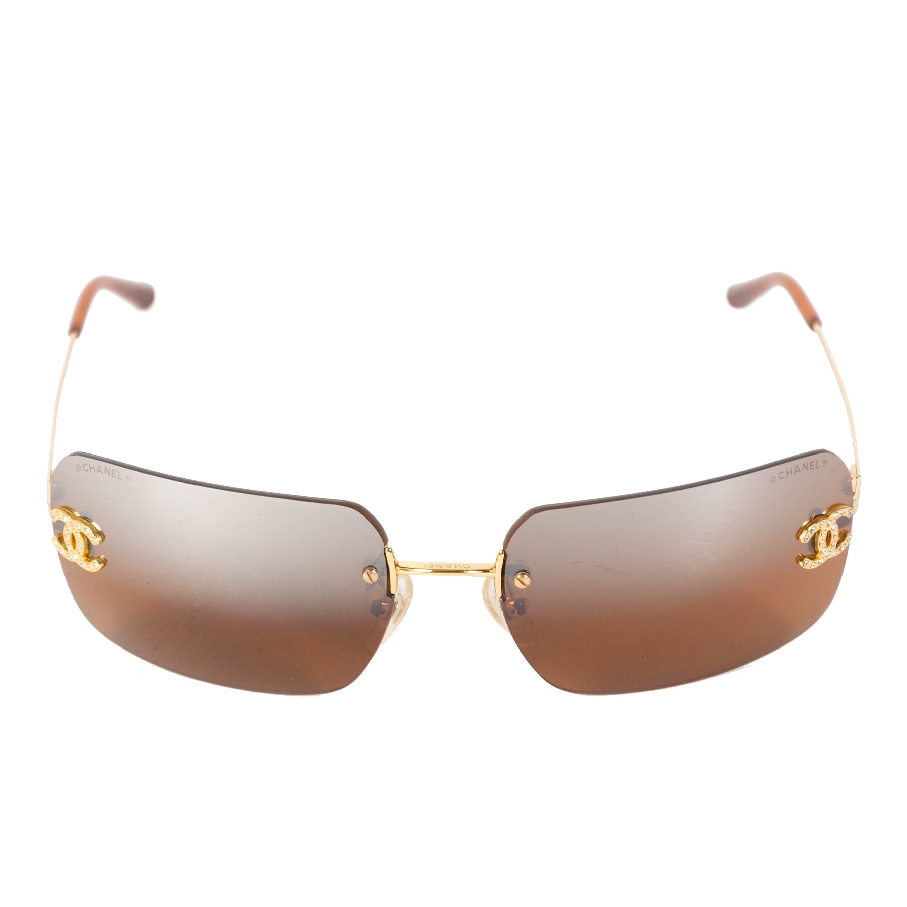 Authentieke Tweedehands Chanel Gold Brown Rimless Crystal CC Logo Sunglasses juiste prijs veilig online shoppen luxe merken webshop winkelen Antwerpen België mode fashion