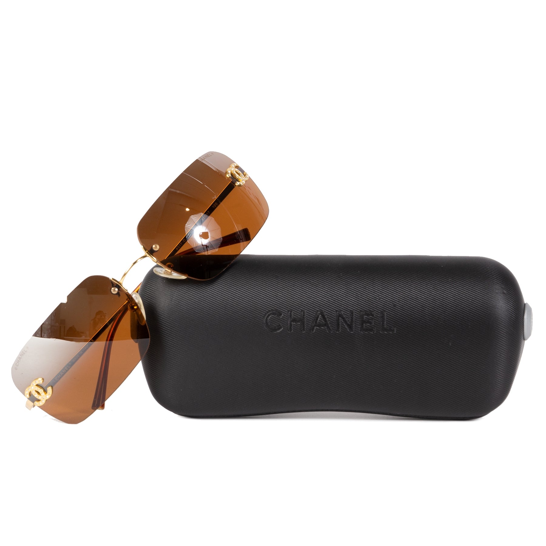 Authentieke Tweedehands Chanel Gold Brown Rimless Crystal CC Logo Sunglasses juiste prijs veilig online shoppen luxe merken webshop winkelen Antwerpen België mode fashion