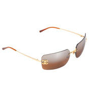 Authentieke Tweedehands Chanel Gold Brown Rimless Crystal CC Logo Sunglasses juiste prijs veilig online shoppen luxe merken webshop winkelen Antwerpen België mode fashion