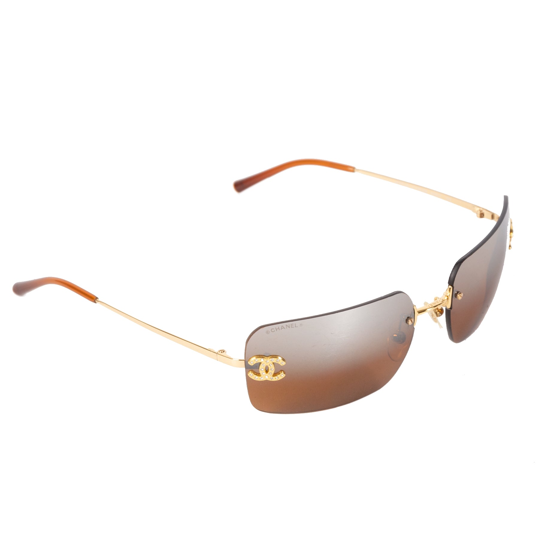 Authentieke Tweedehands Chanel Gold Brown Rimless Crystal CC Logo Sunglasses juiste prijs veilig online shoppen luxe merken webshop winkelen Antwerpen België mode fashion