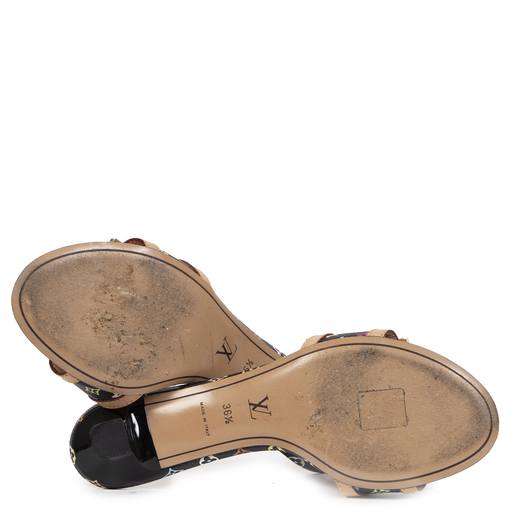 Authentieke Tweedehands Louis Vuitton Black Monogram Multicolor Slide Kitten Heels - Size 36,5 juiste prijs veilig online shoppen luxe merken webshop winkelen Antwerpen België mode fashion