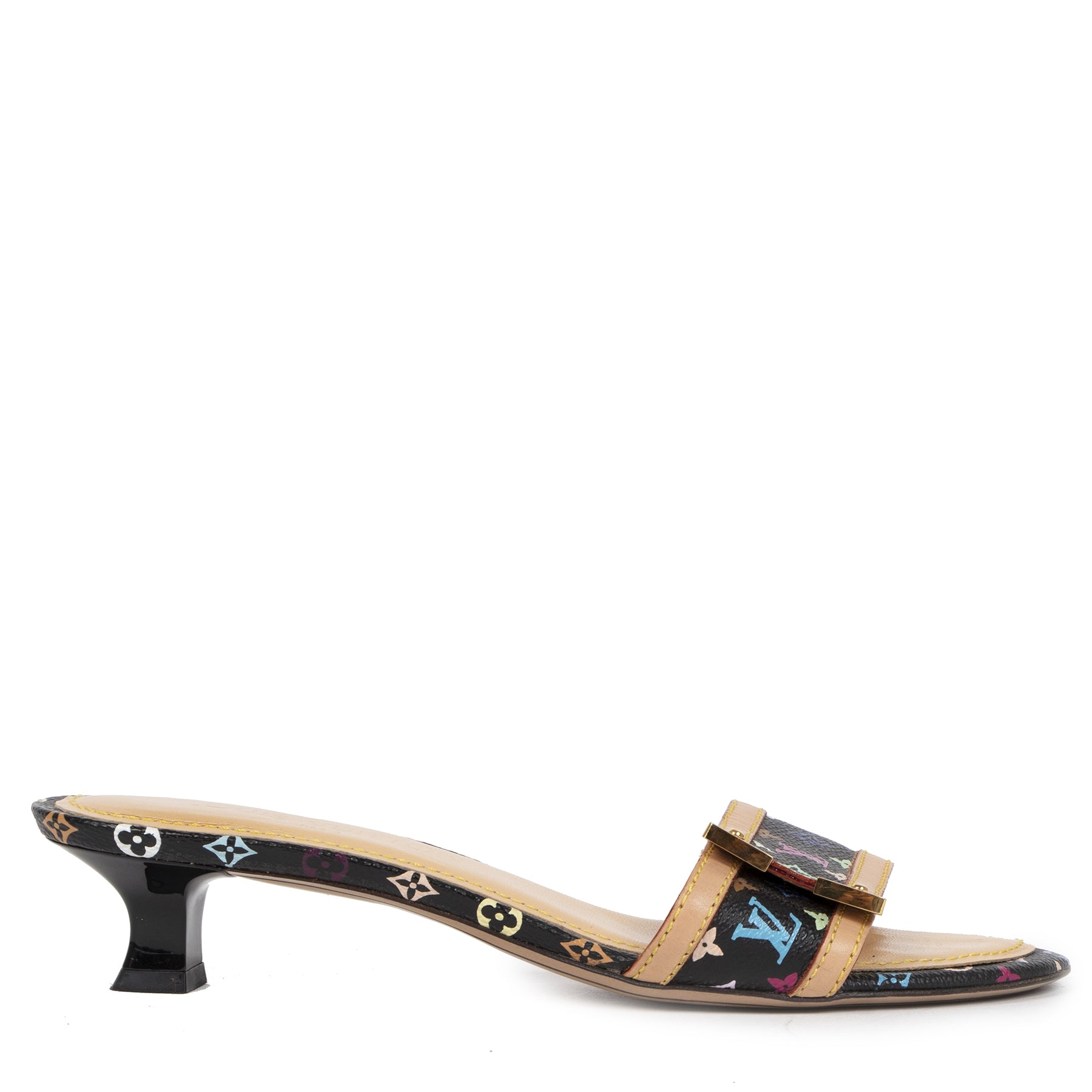 Authentieke Tweedehands Louis Vuitton Black Monogram Multicolor Slide Kitten Heels - Size 36,5 juiste prijs veilig online shoppen luxe merken webshop winkelen Antwerpen België mode fashion