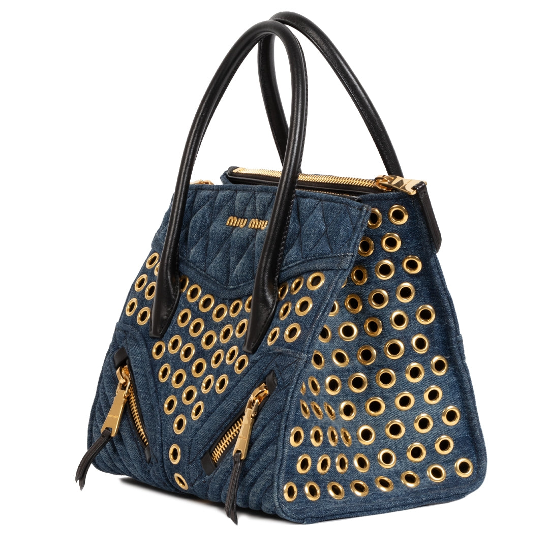 Miu Miu Blue Demin Biker Avio Bag te koop bij Labellov tweedehands luxe in Antwerpen