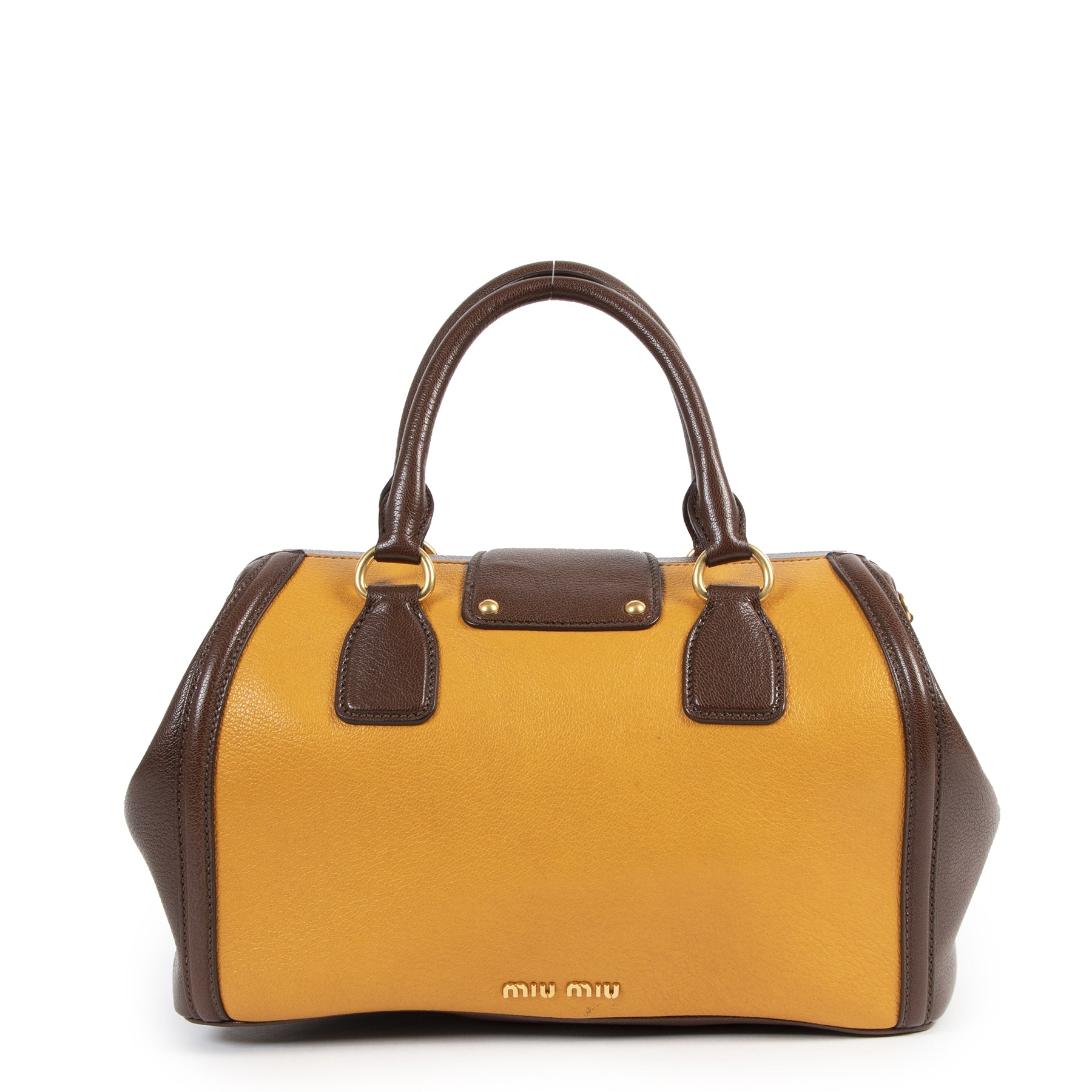 Miu Miu Yellow And Brown Madras Bicolore Top Handle Bag te koop online bij Labellov