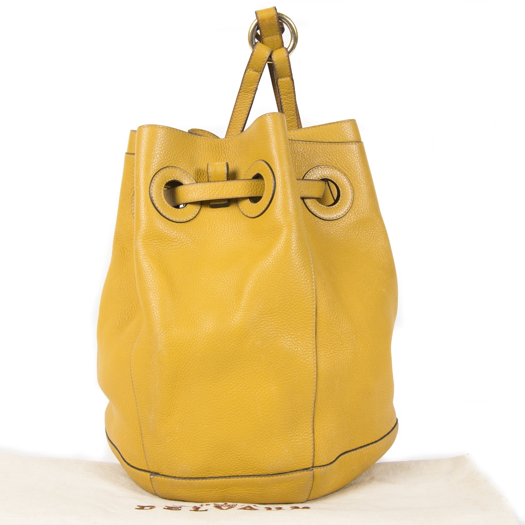 Authentieke Tweedehands Delvaux Ochre Yellow Leather Bucket Bag juiste prijs veilig online shoppen luxe merken webshop winkelen Antwerpen België mode fashion