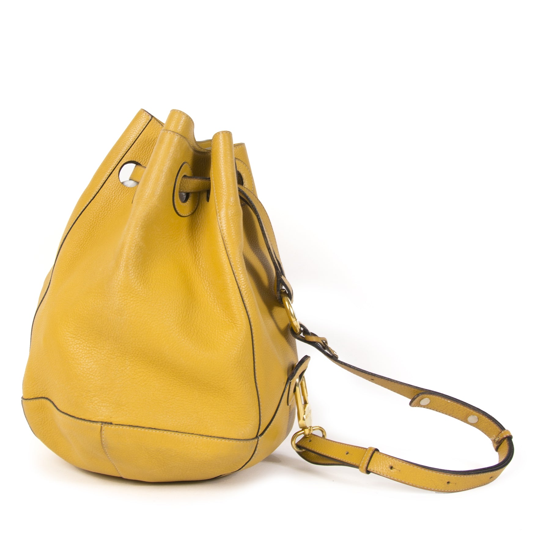 Authentieke Tweedehands Delvaux Ochre Yellow Leather Bucket Bag juiste prijs veilig online shoppen luxe merken webshop winkelen Antwerpen België mode fashion