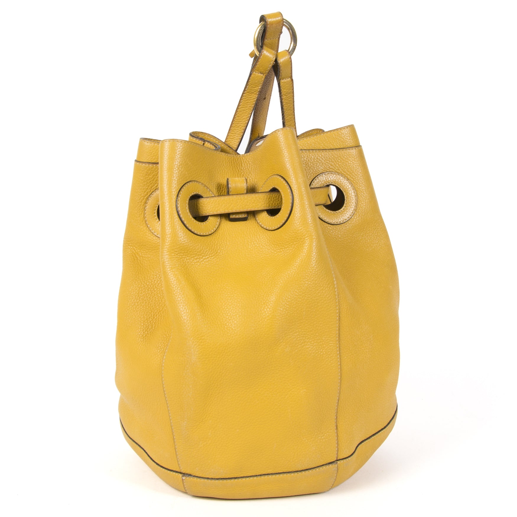 Authentieke Tweedehands Delvaux Ochre Yellow Leather Bucket Bag juiste prijs veilig online shoppen luxe merken webshop winkelen Antwerpen België mode fashion
