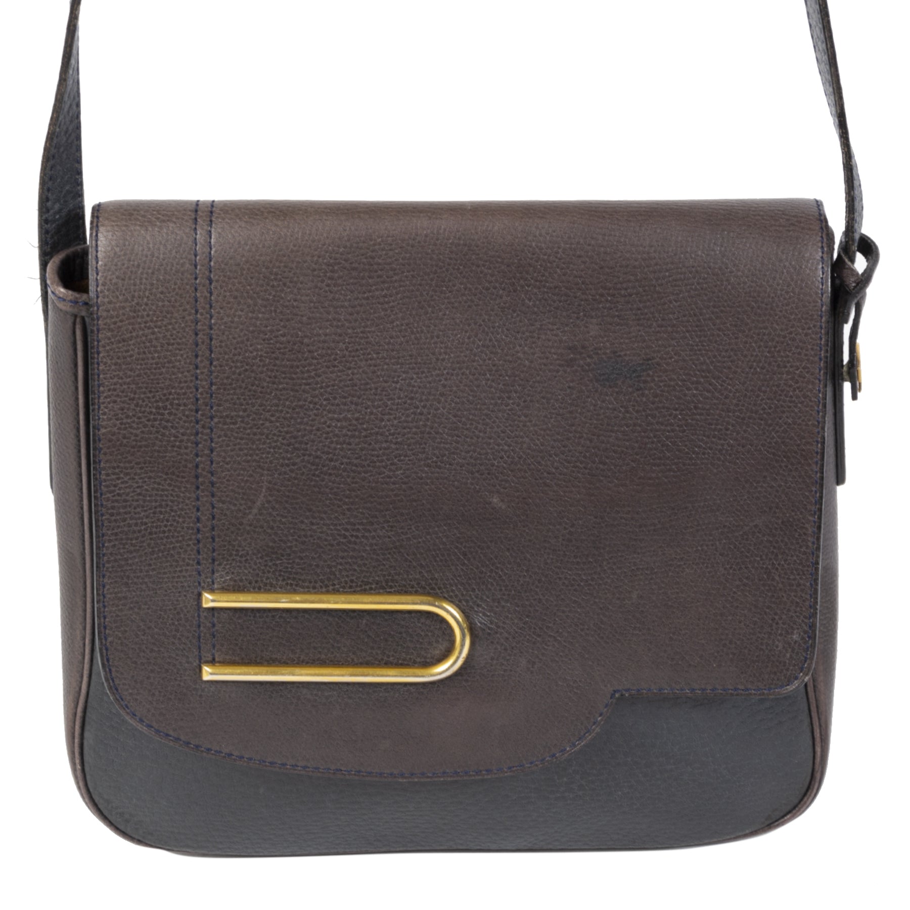 Authentieke Tweedehands Delvaux Dark Blue & Brown Leather Crossbody Bag juiste prijs veilig online shoppen luxe merken webshop winkelen Antwerpen België mode fashion
