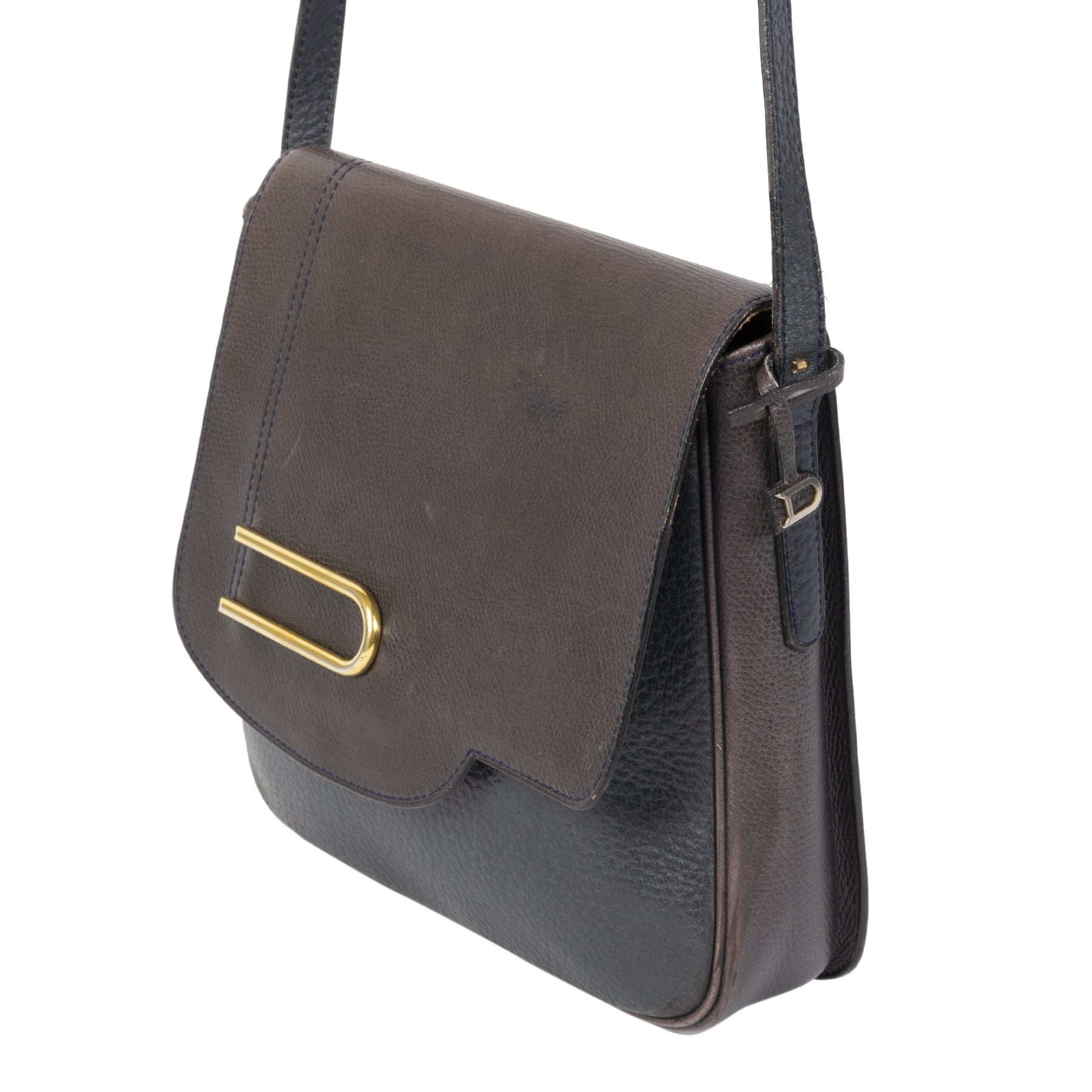 Authentieke Tweedehands Delvaux Dark Blue & Brown Leather Crossbody Bag juiste prijs veilig online shoppen luxe merken webshop winkelen Antwerpen België mode fashion
