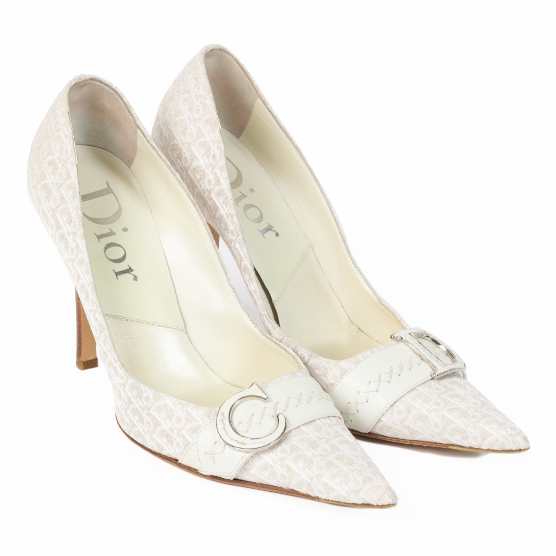 shop safe online Christian Dior Beige Monogram Canvas Pointed Heels - Size 39,5
