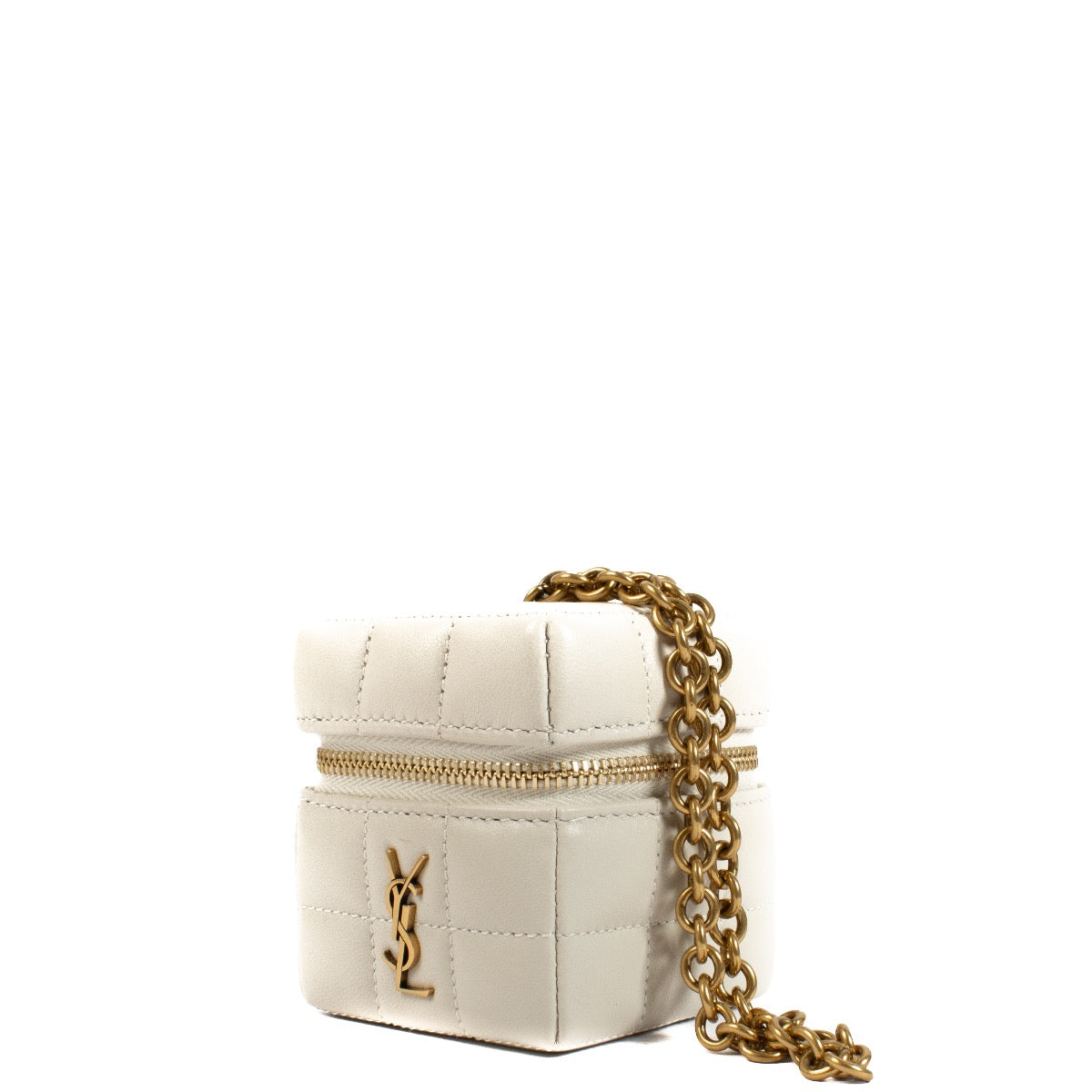 Buy authentic second hand Saint Laurent Beige Lambskin Mini Cube On Chain Cassandre Matelassé Carré at Labellov.com