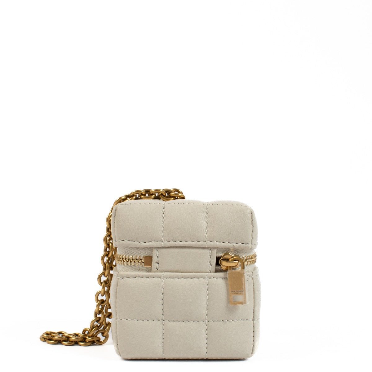 Buy authentic second hand Saint Laurent Beige Lambskin Mini Cube On Chain Cassandre Matelassé Carré at Labellov.com