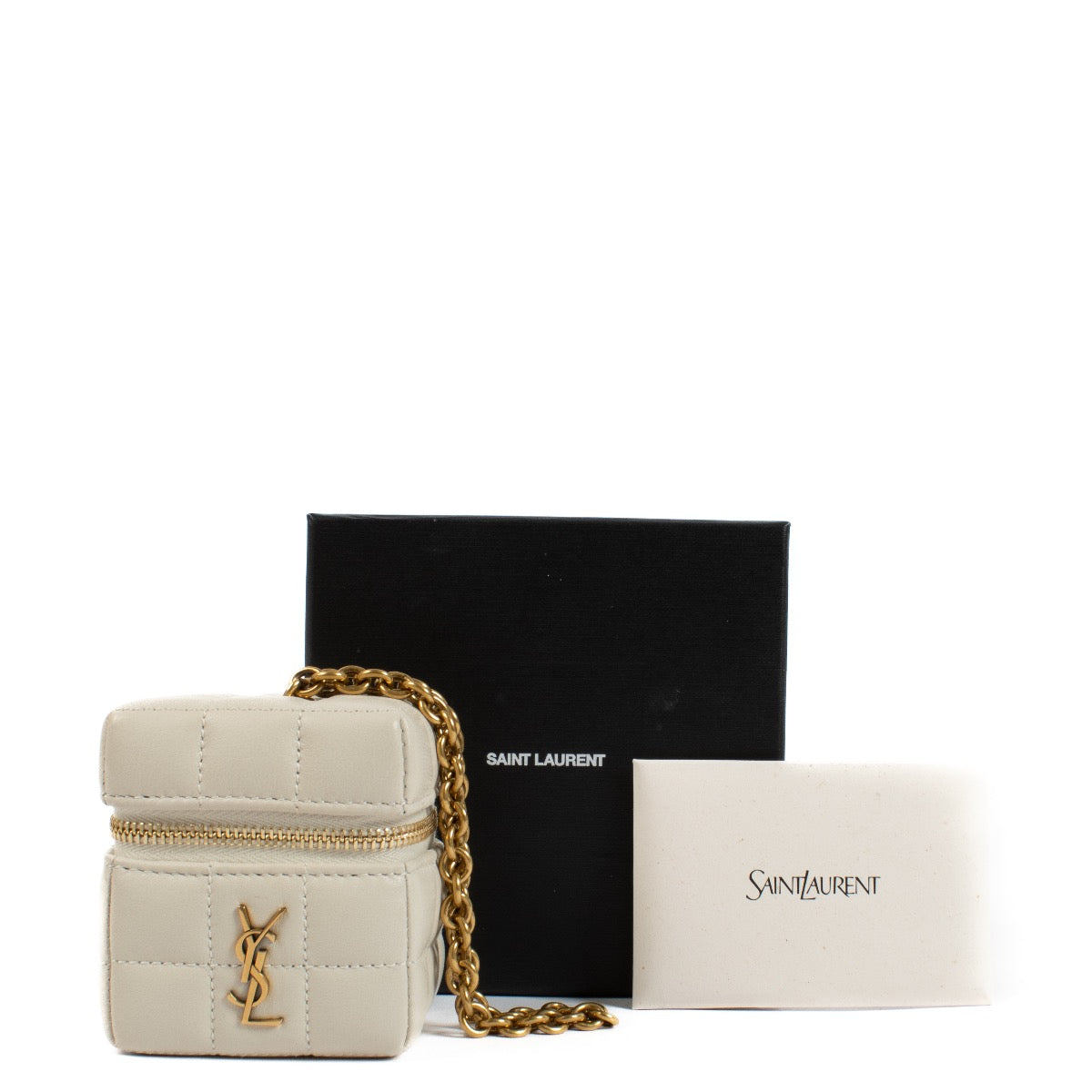 Buy authentic second hand Saint Laurent Beige Lambskin Mini Cube On Chain Cassandre Matelassé Carré at Labellov.com
