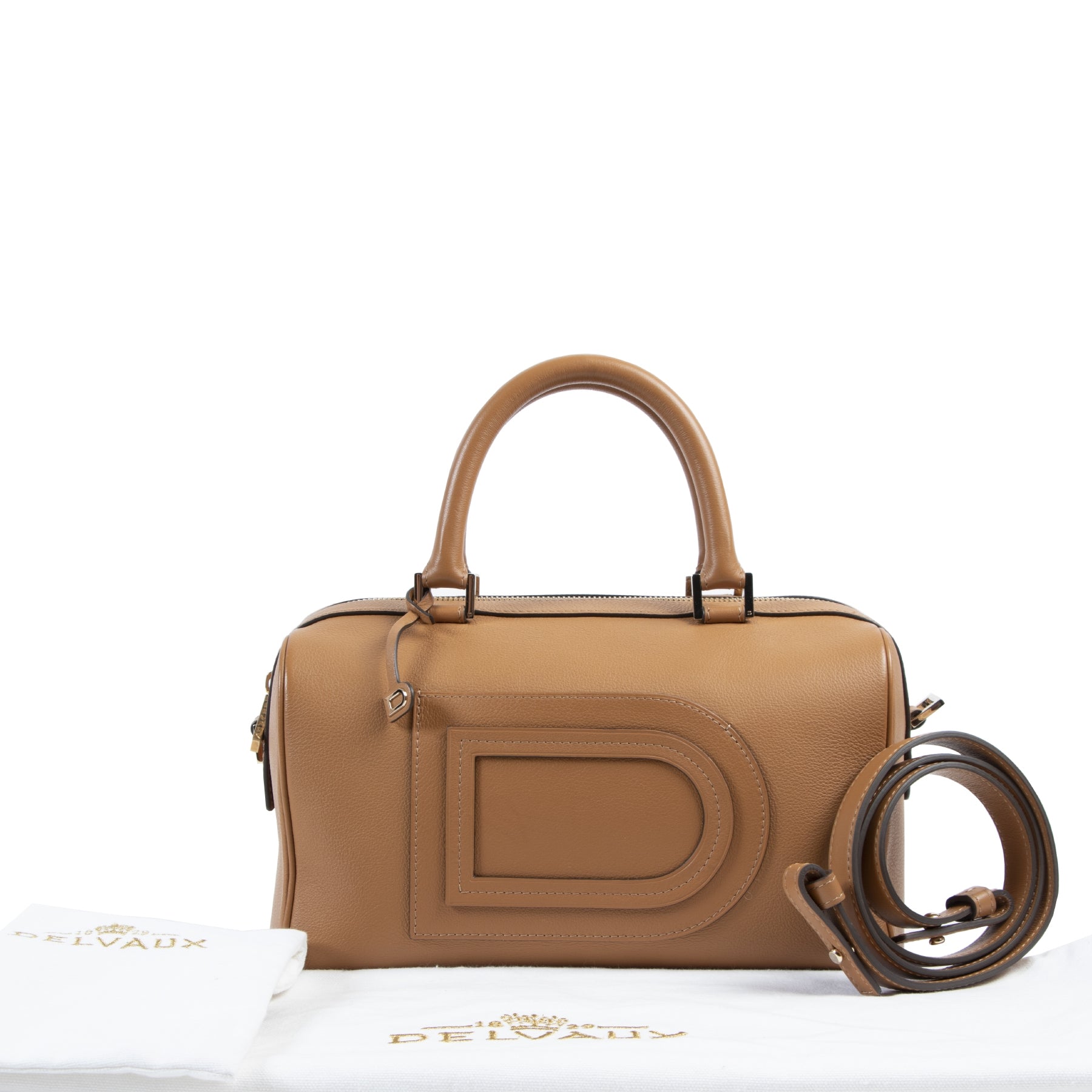 Delvaux Cognac Leather Boston Bag shop safe online secondhand