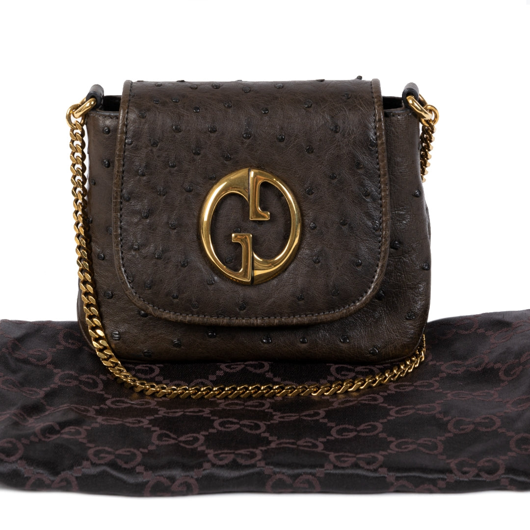 Authentieke tweedehands vintage Gucci Dark Brown 1973 Ostrich Crossbody Bag koop online webshop LabelLOV