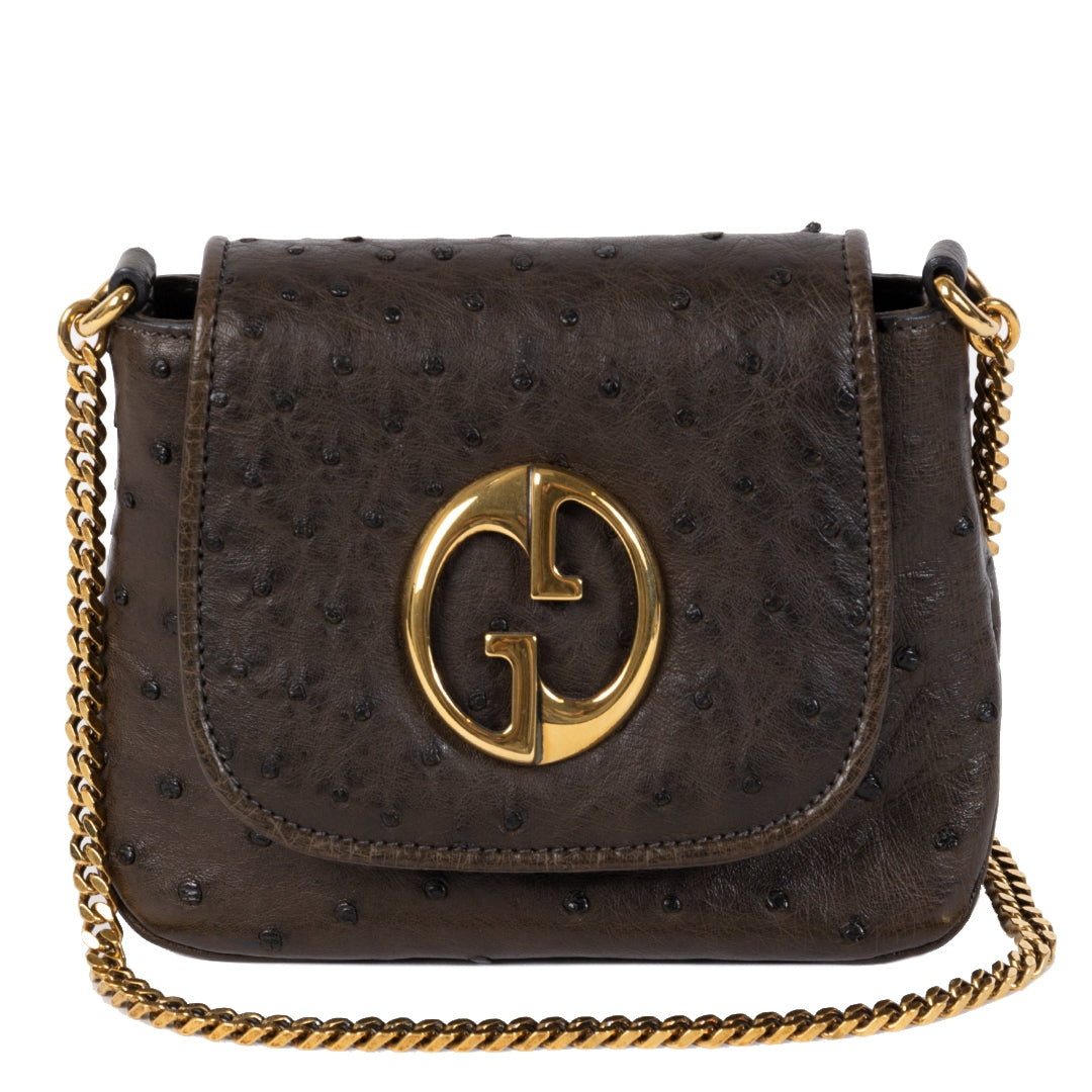 authentic second-hand vintage Gucci Dark Brown 1973 Ostrich Crossbody Bag buy online webshop LabelLOV