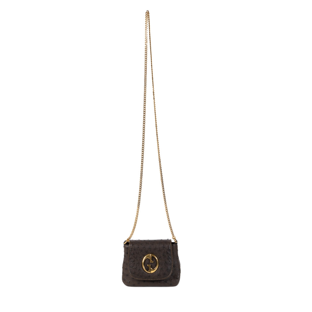 Authentique seconde main vintage Gucci Dark Brown 1973 Ostrich Crossbody Bag achète en ligne webshop LabelLOV