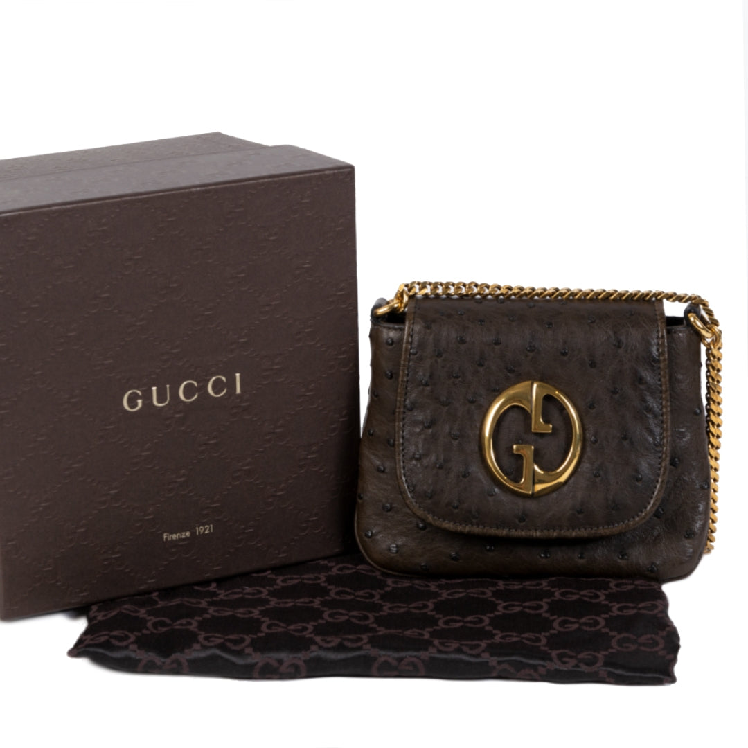 Authentieke tweedehands vintage Gucci Dark Brown 1973 Ostrich Crossbody Bag koop online webshop LabelLOV