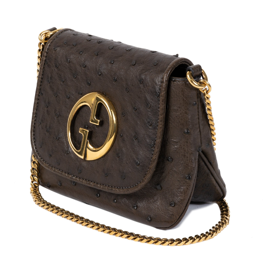 Authentique seconde main vintage Gucci Dark Brown 1973 Ostrich Crossbody Bag achète en ligne webshop LabelLOV