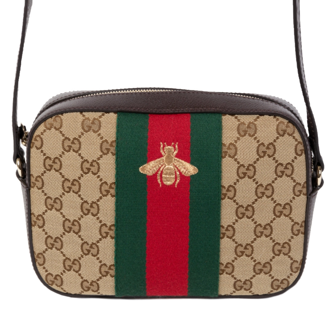 koop online jou tweedehands Gucci Monogram GG Supreme Web Small Webby Bee Shoulder Bag
