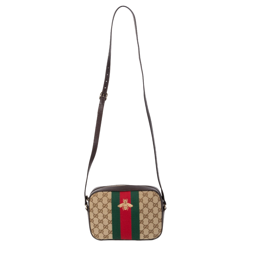shop safe online Gucci Monogram GG Supreme Web Small Webby Bee Shoulder Bag