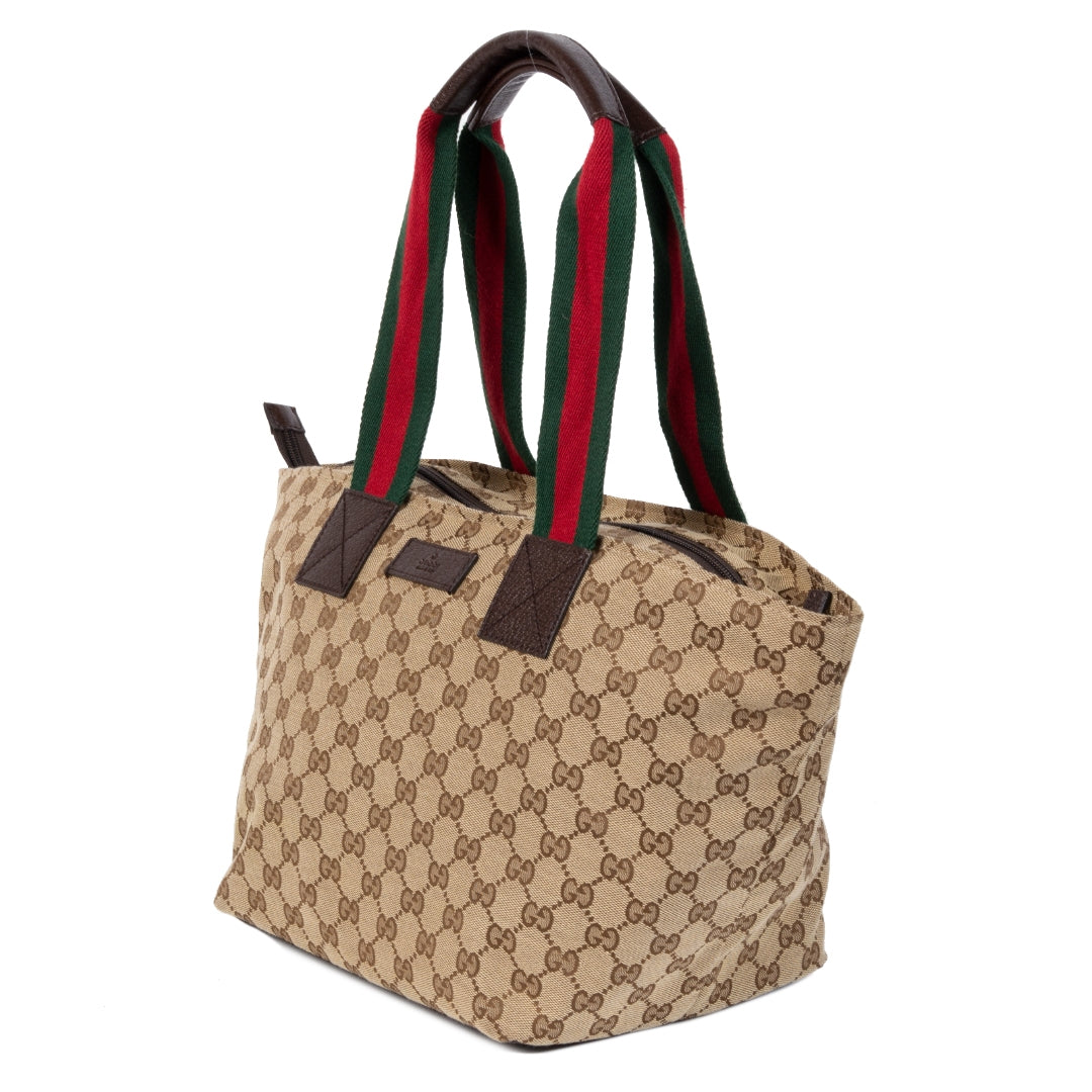koop jou tweedehands veilig online Gucci Monogram Canvas Sherry Line Tote Bag