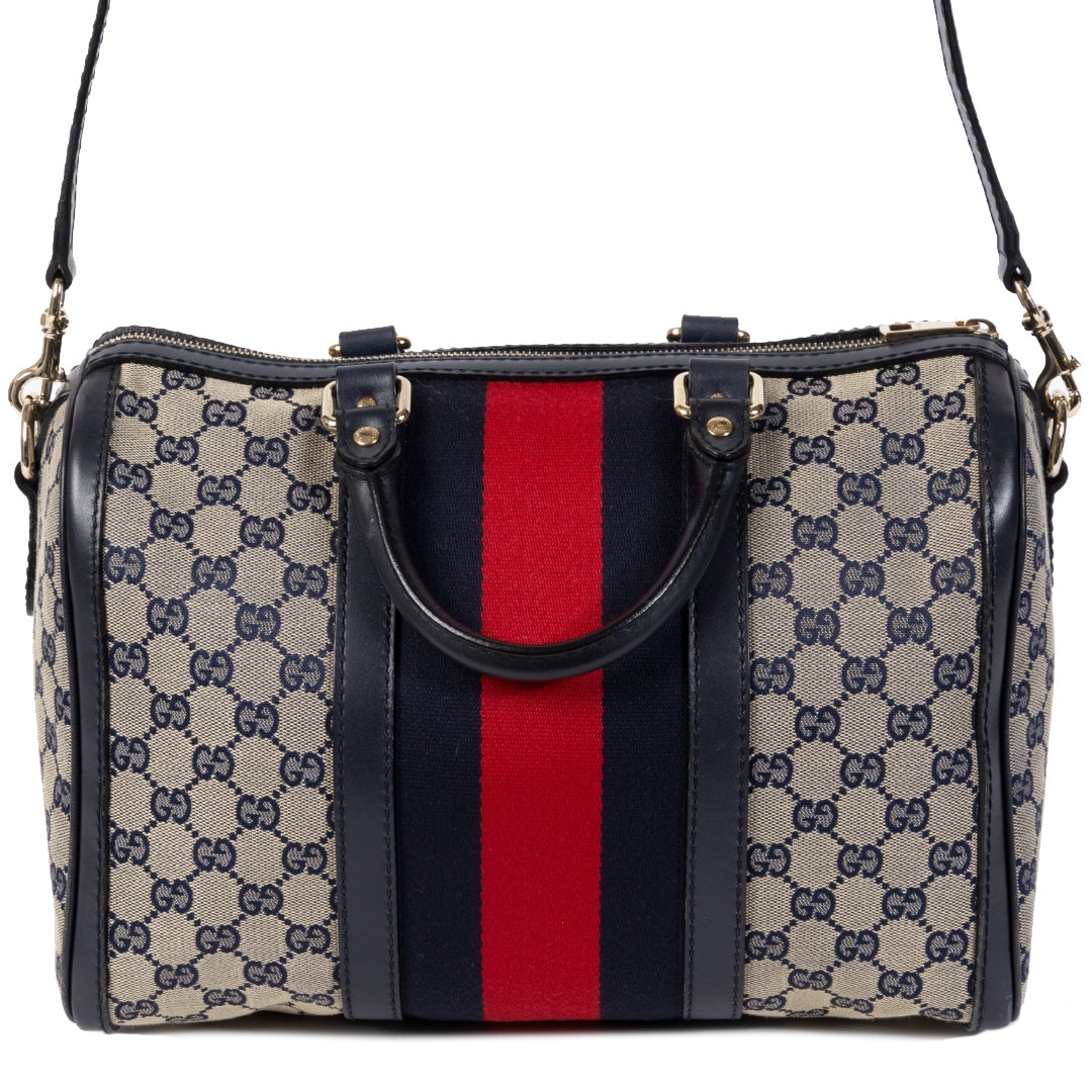 Authentic second-hand vintage Gucci Vintage Web Boston Bag GG Canvas Medium at online webshop LabelLOV