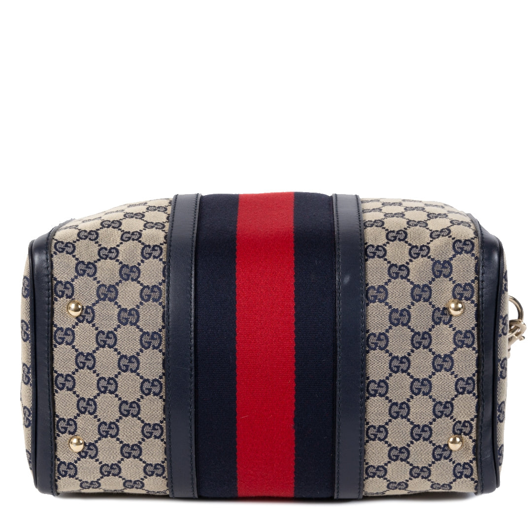 Authentique seconde main vintage Gucci Vintage Web Boston Bag GG Canvas Medium achète en ligne webshop LabelLOV